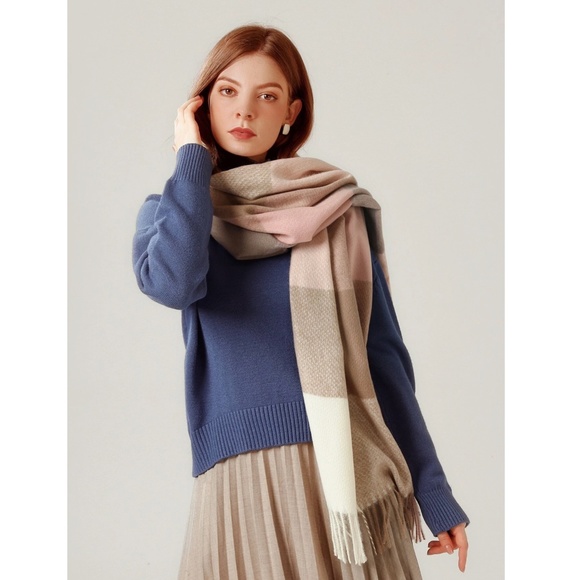 Colorblock Plaid Pastel Colors Wide Scarf Shawl Pink Beige Tan Cream Fringe - Picture 3 of 6